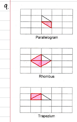 Completed drawings: parallelogram from 2 triangles, rhombus from 4, trapezium from 3