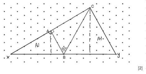 Dot grid with X drawn on the base line left of B and Y on the base line right of B, forming triangles ABX and equilateral BCY