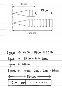 Annotated stacks: 6 gaps make 12 cm, so 1 gap = 2 cm and 1 cone = 10 cm; strip model of the 50 cm box