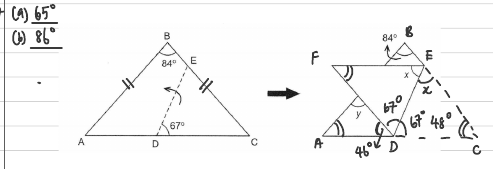 Annotated before/after folding figures with 48° base angles, 67° at D, x = 65° at E and y = 86° at the crossing