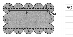 Annotated figure: long side = 8 radii (8u), short side = 4 radii (4u); the scallops pair up into 7 whole circles