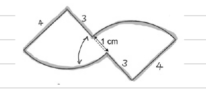 Quarter-circle figure annotated with side lengths 4, 3, 3, 4 and the 1 cm overlap