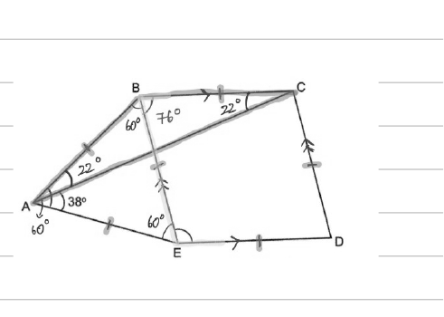 Figure annotated with 60°, 22°, 76° angles and tick marks on the equal sides