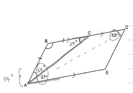 Trapezium annotated with 27° alternate angles at C and A and the isosceles tick marks