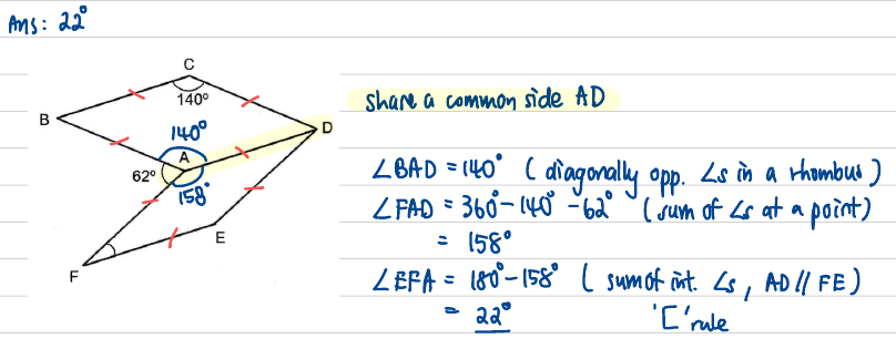 Angle-annotated rhombus figure with 140°, 62° and 158° marked at A, plus the worked angle chase