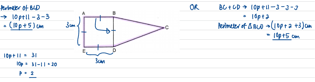 Figure ABCDE with the BCD perimeter highlighted, square sides marked 3 cm, and the perimeter working