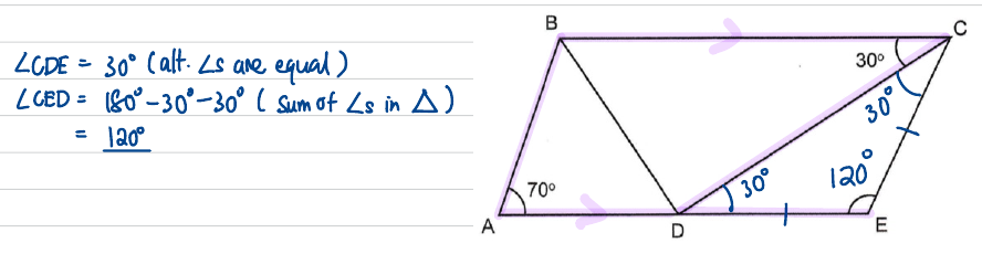 Figure with the 30° alternate angles at C and D marked and ∠CED labelled 120°