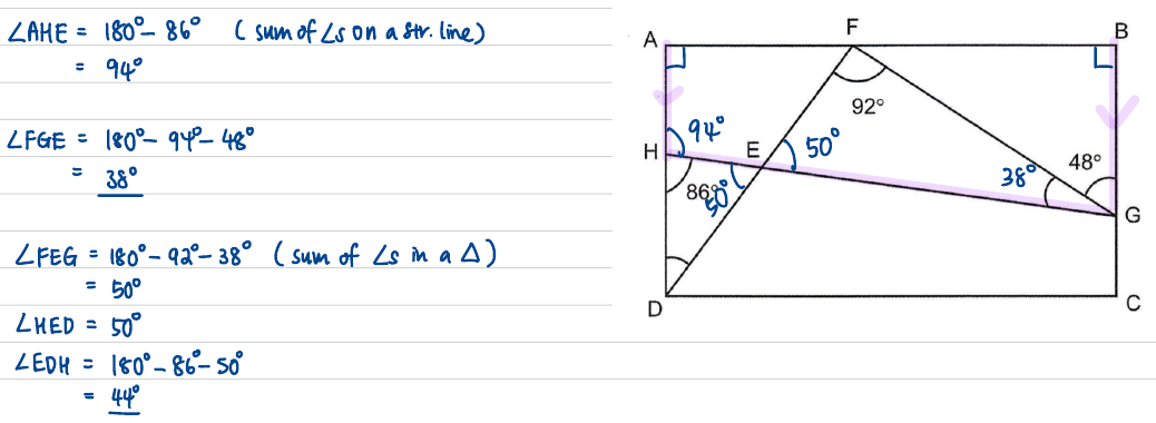 Rectangle ABCD with HG highlighted and angles 94°, 50°, 38°, 86°, 92°, 48° marked, beside the worked angle chase