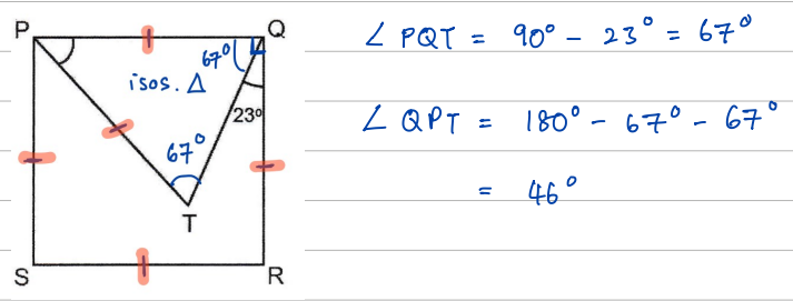 Square PQRS with isosceles triangle PQT marked, base angles 67° and the 23° angle annotated, beside the angle working