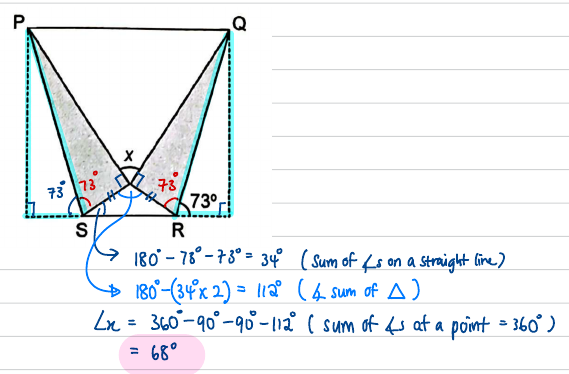 Folded rectangle PQRS with the 73-degree angles marked and the angle chase written out