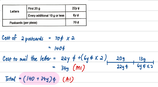 Postage rate table and working, with the 33 g letter split into 20 g and 13 g on a segment diagram