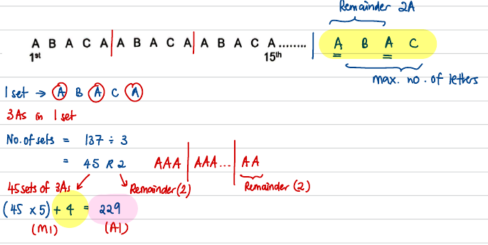 ABACA pattern split into sets of five with the remainder A B A C highlighted
