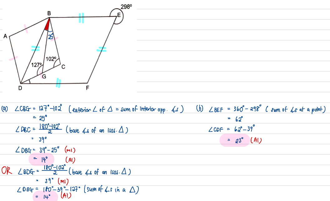 Annotated figure with the equal sides ticked and the full angle chase for both parts