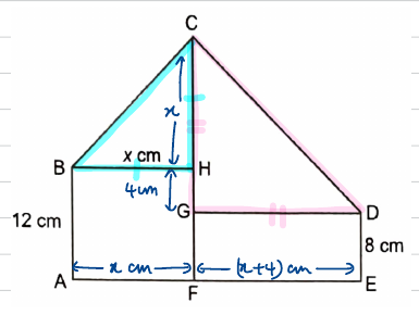 Figure with the isosceles triangles highlighted and x, x cm, 4 cm and (x+4) cm marked