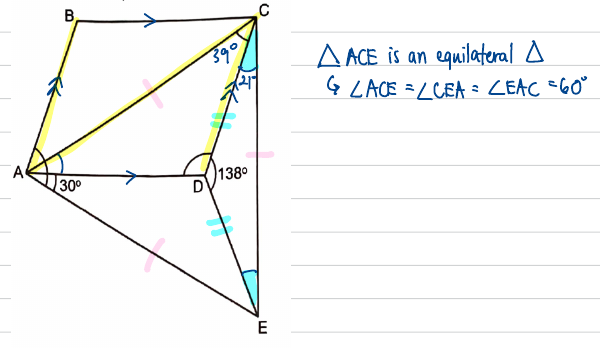 Figure with the equilateral triangle ACE highlighted, parallel arrows on AB and DC, and 39 and 21 degrees marked