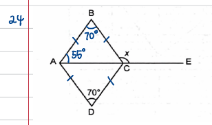 Angle-annotated rhombus with x marked at C
