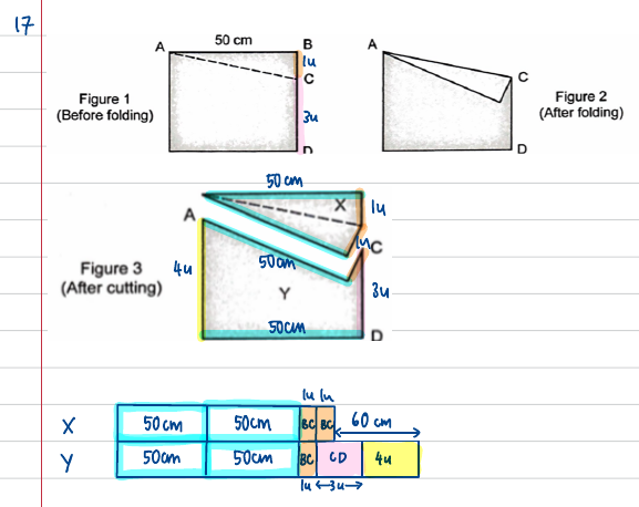 Fold and cut figures with unit labels, plus strip diagrams comparing perimeters of X and Y