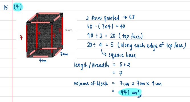 Block with the two-painted-face edge cubes marked in red, plus working