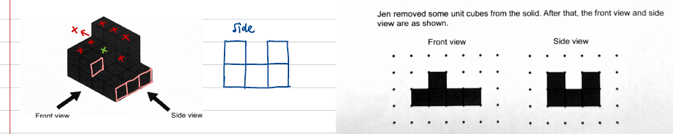 Solid with the removed cubes crossed out, beside the target front and side views